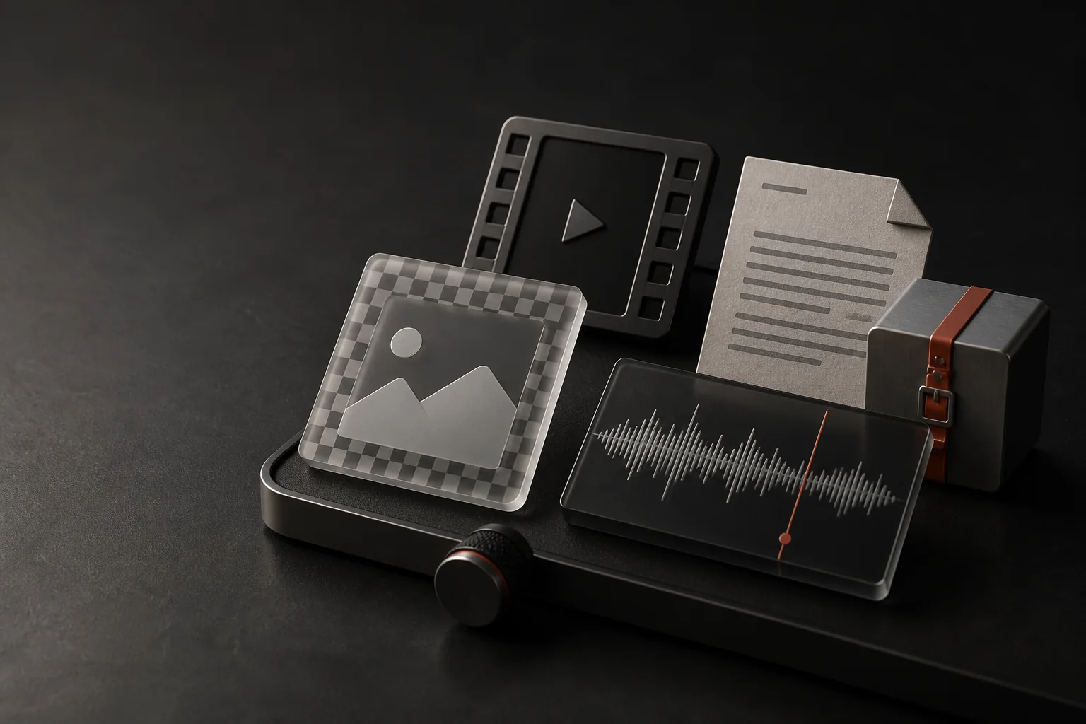 File, image, video, audio, document, and archive objects arranged as a premium digital toolkit
