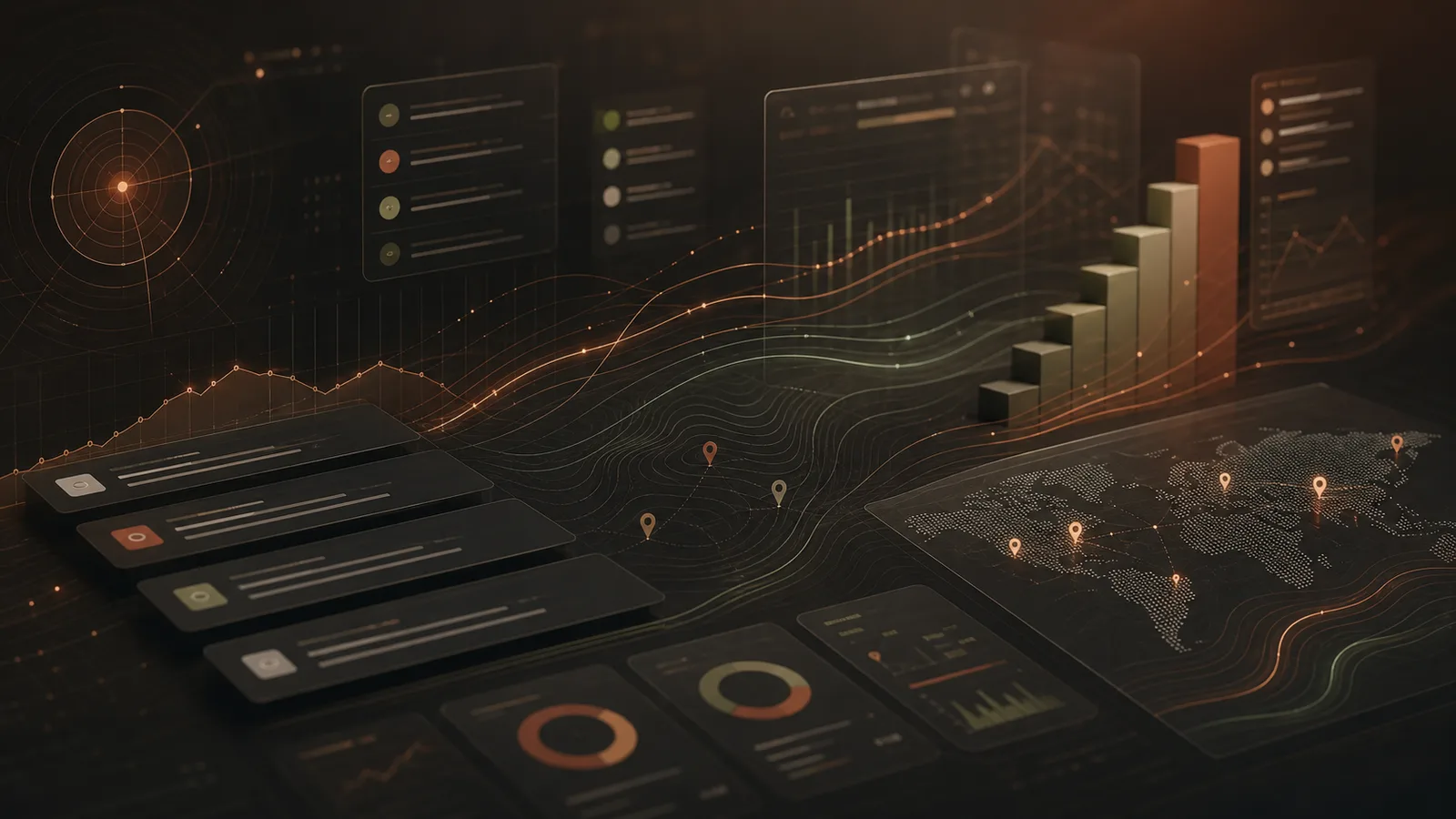 Dark analytics workspace showing search performance panels, a rising trend line, ranking cards, and a location map
