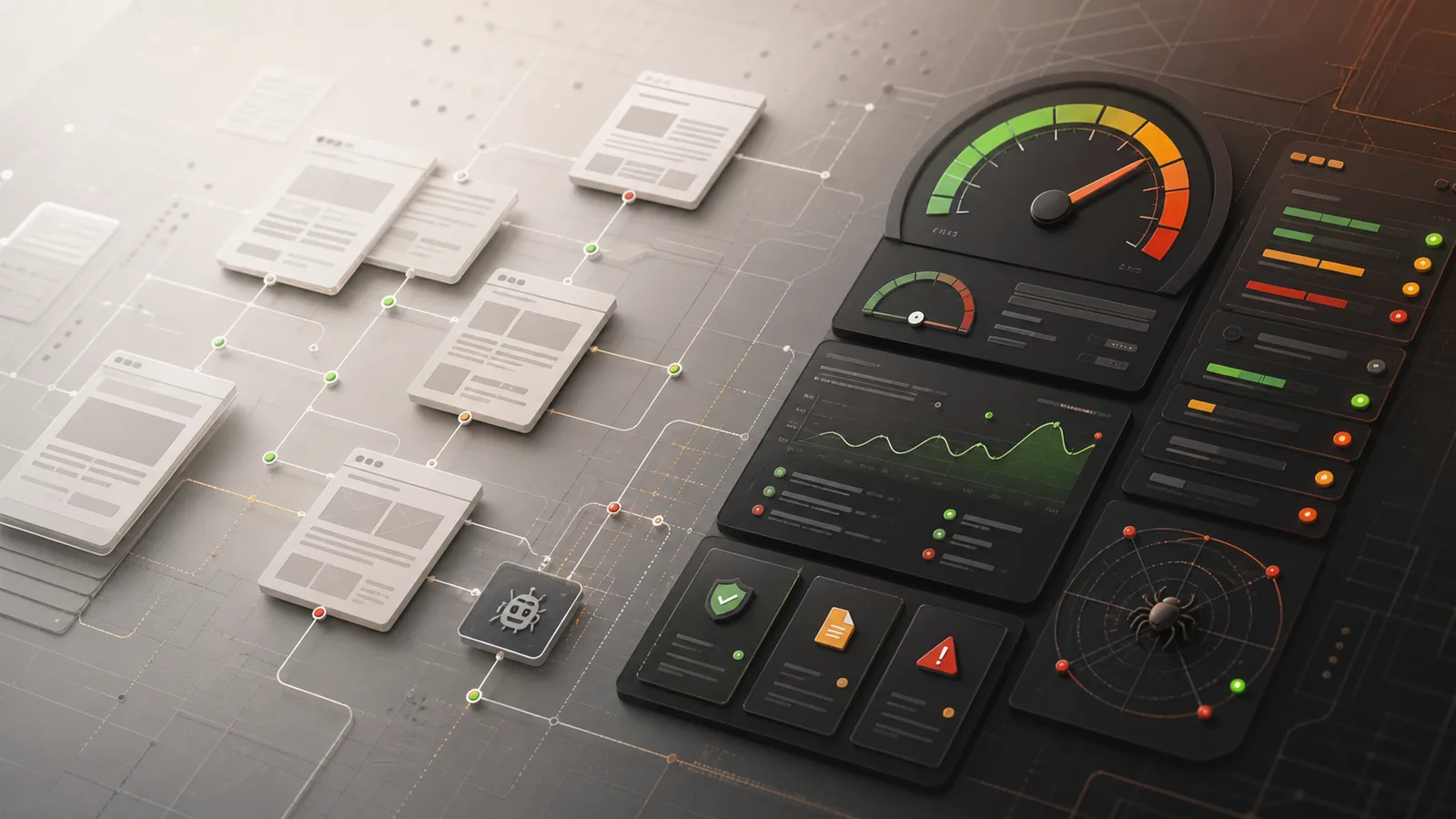 Site pages mapped as a flow with green, amber, and red status markers beside performance gauges and issue cards